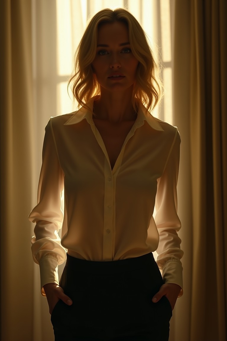 Dr. Ciel Thorne. Her silhouette was slender, statuesque, framed by golden sunlight. She stepped forward with a calmness that made even the room breathe easier. Shoulder-length blonde hair, parted slightly off-center, fell naturally in soft waves—but its tips glowed a deliberate emerald green, like someone dipped her into another world and let her hair remember it. She wore high-waisted black trousers and a simple tucked-in blouse—white, silk, barely wrinkled. No jewelry except a small silver ring. Her eyes were what caught him—blue, yes, but not cold. Not sharp. They were sky in dusk, carrying a sadness that wasn’t hers, and clarity that couldn’t be taught.