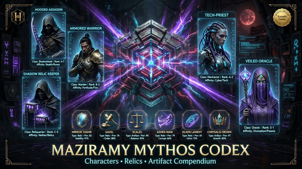 Maziramy Mythos Codex featuring holographic character dossiers and relic cards centered around a glowing hexagonal archive vault