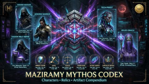 Maziramy Mythos Codex featuring holographic character dossiers and relic cards centered around a glowing hexagonal archive vault